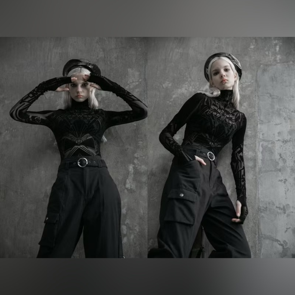 Punk Rave Cyberpunk Robot Goth Mesh Flock Top - Picture 6 of 15